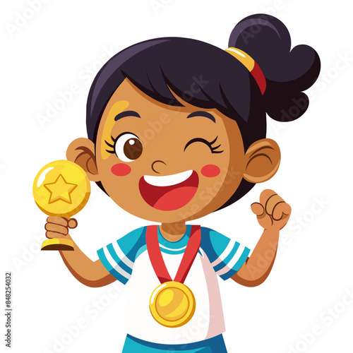 Cartoon illustration of a happy child holding a trophy  celebrating a victory or achievement