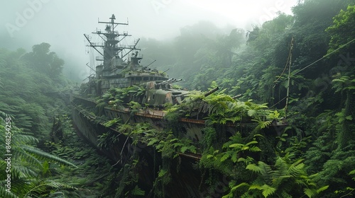 Abandoned military battle ship debris with green plants growing. Post apocalypse scene.