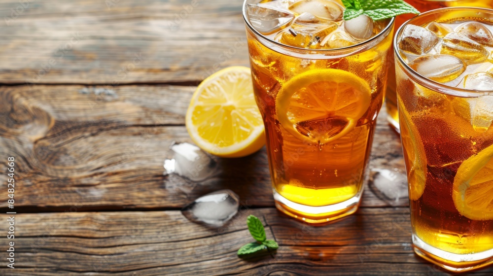 Refreshing iced tea with lemon slices on wooden table Refreshing iced tea with lemon slices on wooden table