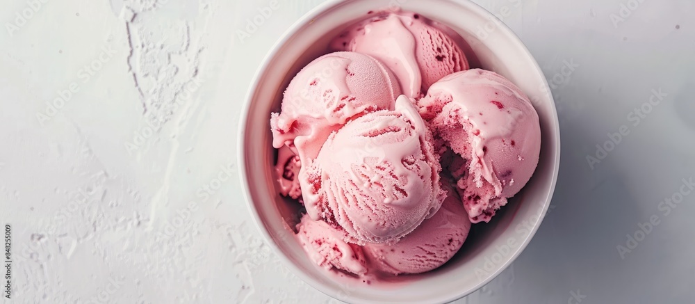 Pink strawberry ice cream in a bowl against a white backdrop, captured from overhead. Pink strawberry ice cream in a bowl against a white backdrop, captured from overhead.