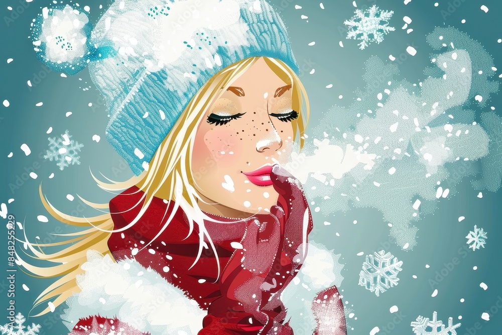 Illustration of a woman in winter clothes blowing snowflakes, capturing the magic of the snowy season Illustration of a woman in winter clothes blowing snowflakes, capturing the magic of the snowy season