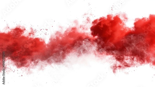 A red cloud of smoke is blowing through the air in the white background