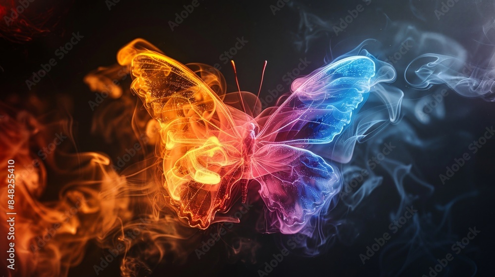 Obraz premium Illuminating shinning glowing beautiful butterfly over dark background.