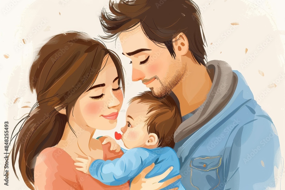 Illustration of a loving family moment with parents gazing at their baby Illustration of a loving family moment with parents gazing at their baby