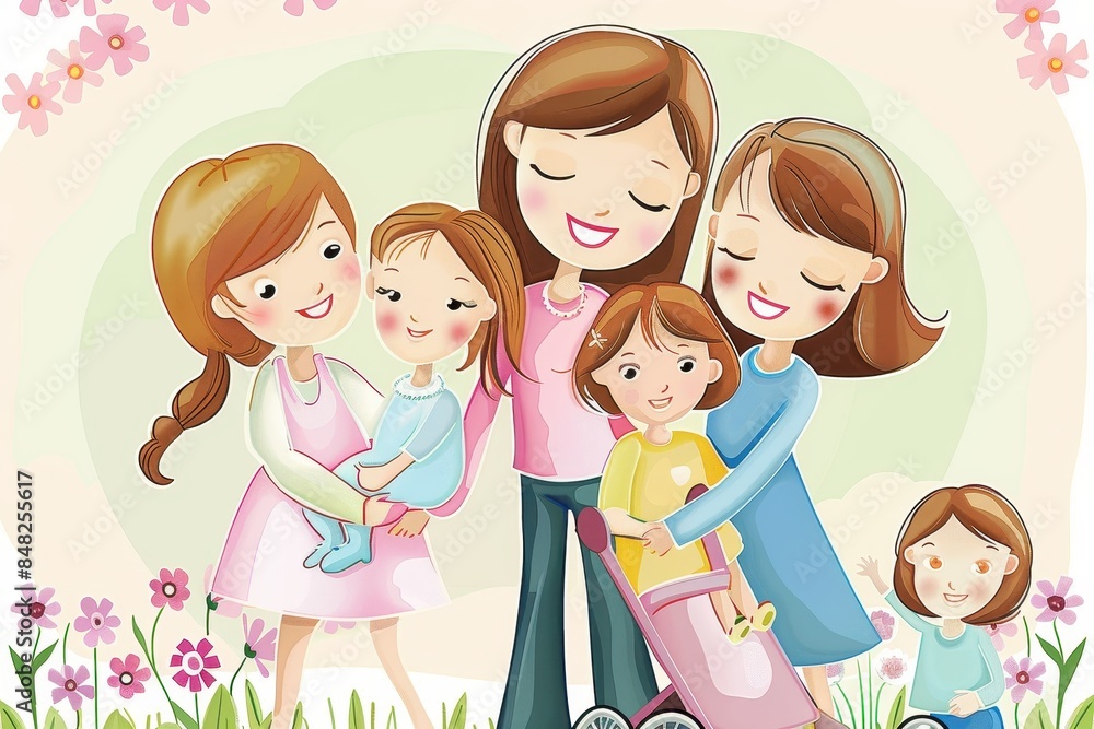 A colorful illustration featuring a happy cartoon family spending quality time together in an outdoor setting A colorful illustration featuring a happy cartoon family spending quality time together in an outdoor setting