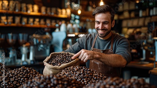 Handsome barista takes coffee beans out of a bag, coffee shop, modern atmospheric room
