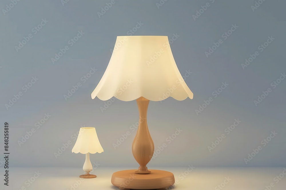 Image featuring two wooden table lamps with a light on, set against a neutral blue background Image featuring two wooden table lamps with a light on, set against a neutral blue background