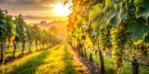 Morning light illuminating organic vineyard, dew-kissed grapevines showcasing nature's touch, dawn