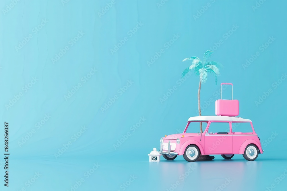 A striking image featuring a small pink car, luggage, palm tree, and sandy beach on a blue background setting a relaxed vacation vibe A striking image featuring a small pink car, luggage, palm tree, and sandy beach on a blue background setting a relaxed vacation vibe