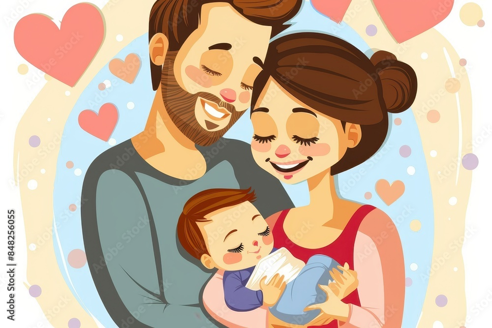 A heartwarming family moment captured in a cartoon illustration, with a man holding a baby, surrounded by hearts Face is blurred A heartwarming family moment captured in a cartoon illustration, with a man holding a baby, surrounded by hearts Face is blurred