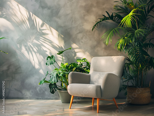 Urban jungle vibes infuse a living room as a grey armchair is accompanied by lush indoor plants