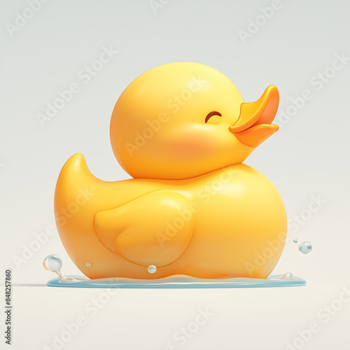 Happy Yellow Rubber Duck Swimming in Water on Light Background
