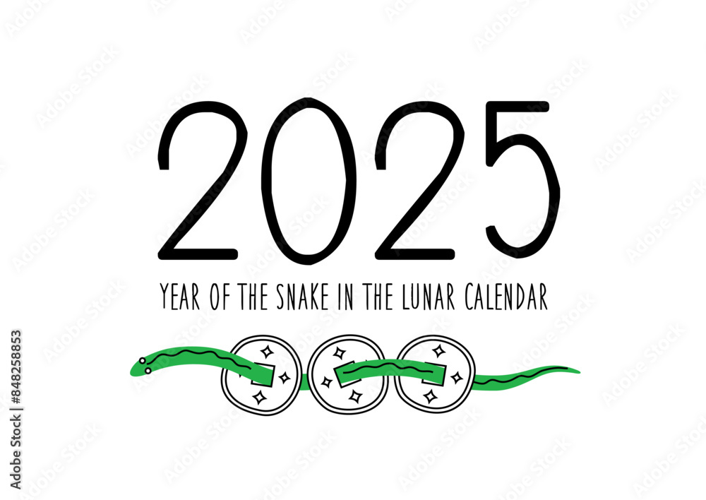 Vector green snake. Stylized illustration with Snake Chinese Zodiac sign, Symbol of 2025 on Chinese Lunar calendar, isolated. New Year of Snake. Greeting card template Vector green snake. Stylized illustration with Snake Chinese Zodiac sign, Symbol of 2025 on Chinese Lunar calendar, isolated. New Year of Snake. Greeting card template
