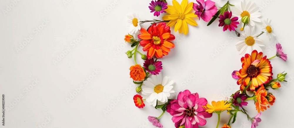 Colorful flower wreath on a white background symbolizing Easter, spring, and summer - top view with space for text Colorful flower wreath on a white background symbolizing Easter, spring, and summer - top view with space for text