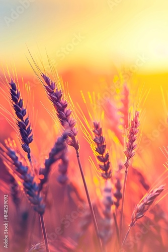 Abstract background of golden wheat ear in field with warm sunlight