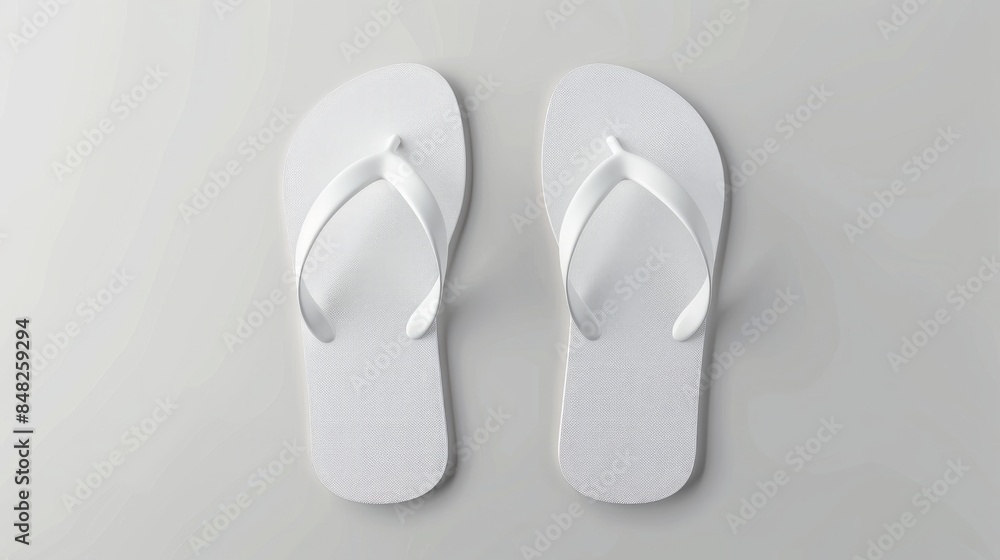 Realistic 3D templates of summer beach flipflops slippers are depicted showcasing a pair of flip flop white isolated from front and back views This mockup serves as a vector illustration Realistic 3D templates of summer beach flipflops slippers are depicted showcasing a pair of flip flop white isolated from front and back views This mockup serves as a vector illustration