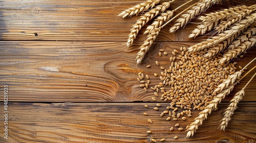 Wheat grains with wheat ear closeup view