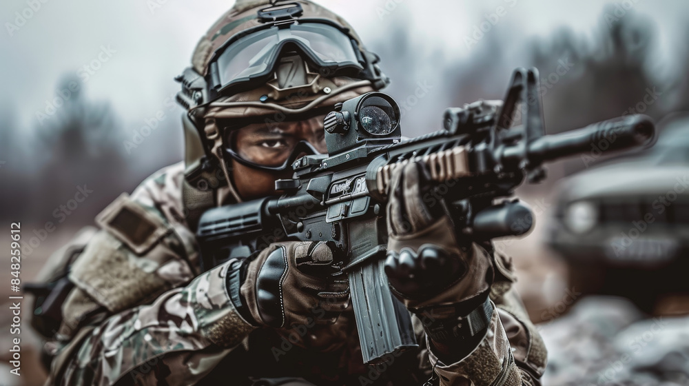 A black soldier in full tactical gear is aiming a rifle, with a blurred face for anonymity A black soldier in full tactical gear is aiming a rifle, with a blurred face for anonymity