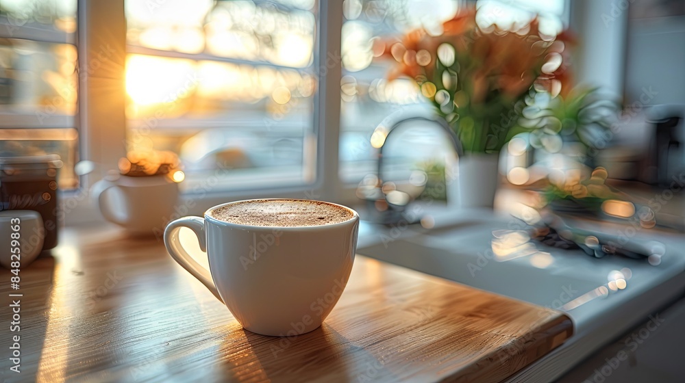 White cup of coffee in a cozy kitchen under the warm rays of the morning sun White cup of coffee in a cozy kitchen under the warm rays of the morning sun