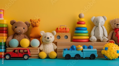 An array of children's toys arranged on a solid color background Items include building blocks stuffed animals a toy car and a puzzle The background color is bright and playful reflecting the fun and © Thanyaporn