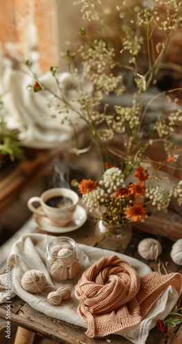 Cozy Knitting Scene with Autumn Flowers, Coffee, and Yarn in Rustic Home Setting