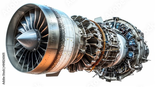 Jet engine's internal machinery, captured in a dynamic and detailed way, showcasing precision engineering, isolated on white background, copy space