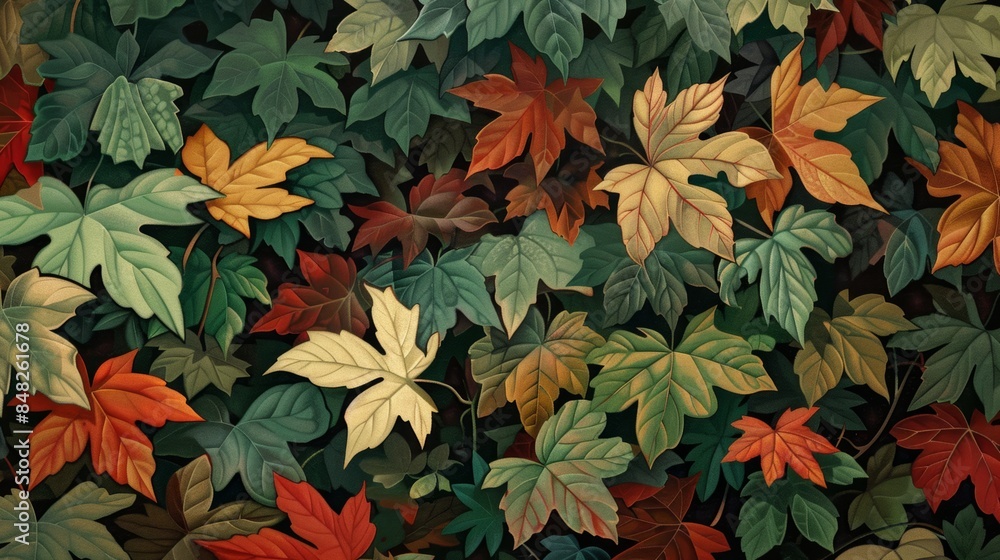Vibrant autumn leaves pattern in a serene nature backdrop Vibrant autumn leaves pattern in a serene nature backdrop