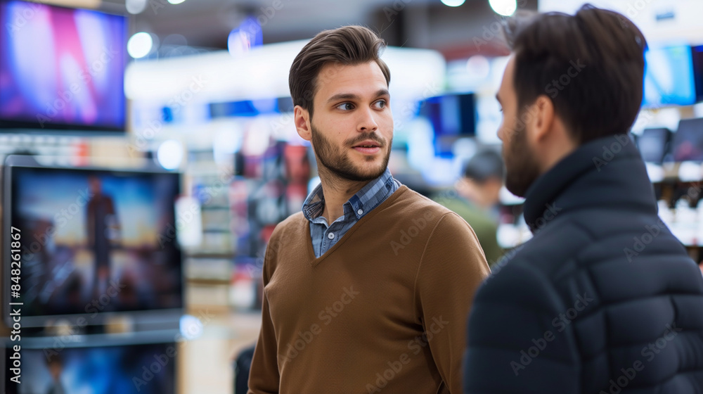 Tech Savvy: Young Man Consults with Sales Representative, Choosing the Best TV for His New Home in an Electronic Store Tech Savvy: Young Man Consults with Sales Representative, Choosing the Best TV for His New Home in an Electronic Store