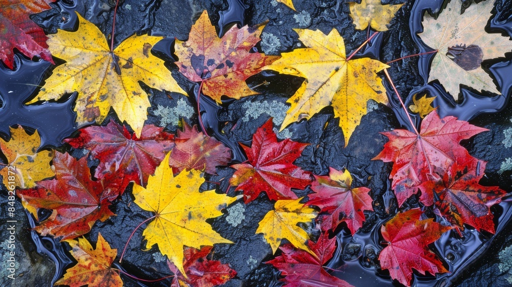 Autumn leaves floating in tranquil water Autumn leaves floating in tranquil water