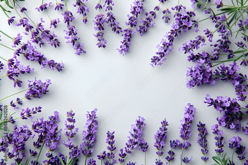 Lavender flowers arranged in a circle on a white surface Lavender flowers arranged in a circle on a white surface