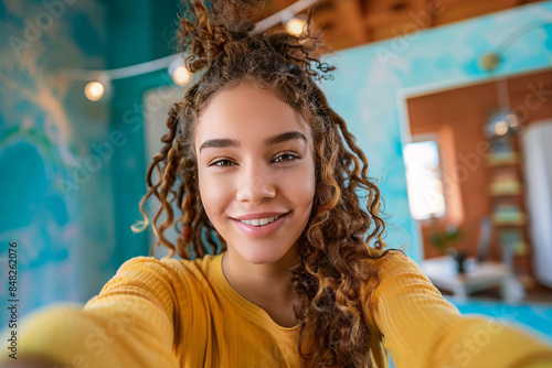 Young beautiful smiling teenage girl taking selfie in her colorful room