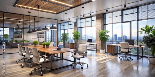A modern shared leadership office space promoting transparency and accessibility, collaboration, teamwork
