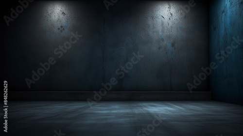 Free Photo Empty Dark white Studio Background and black Floor Concrete perspective with blue soft light well editing Floor Display product and text present on Wall Room