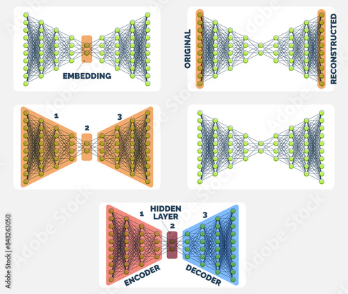 Comprehensive Autoencoder Neural Network Guide Encoding to Decoding Visuals, Set Of Five Illustrations