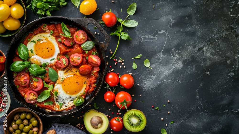 Fresh homemade shakshuka in skillet with ingredients on dark background Fresh homemade shakshuka in skillet with ingredients on dark background
