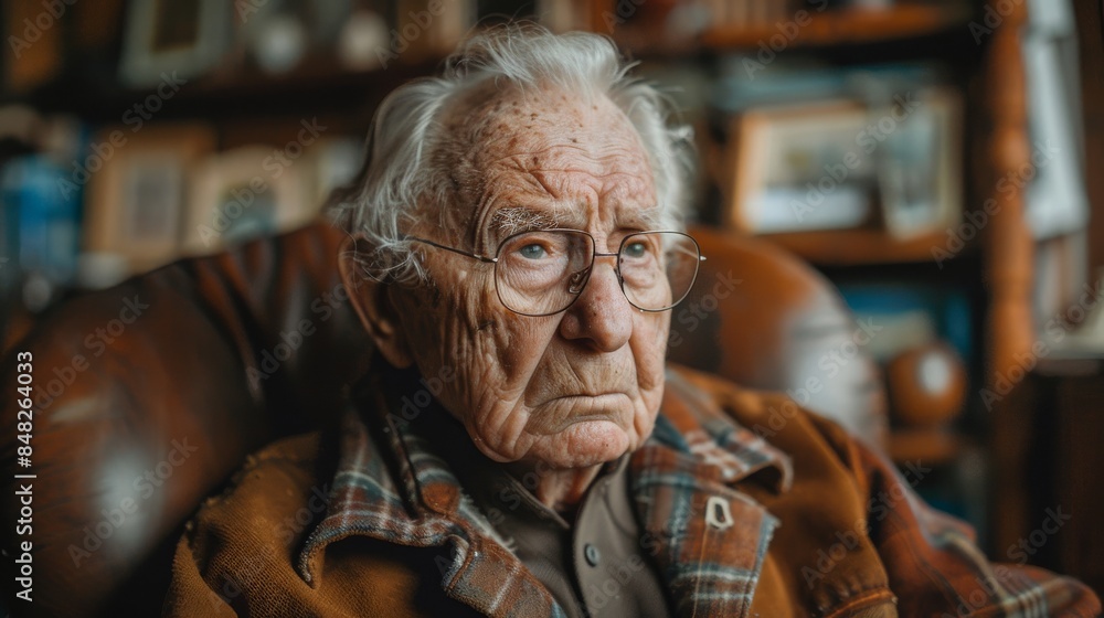A heartfelt portrait of an elderly veteran in a cozy home or community center, filled with memorabilia and photographs A heartfelt portrait of an elderly veteran in a cozy home or community center, filled with memorabilia and photographs