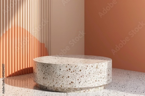 Minimalist terrazzo table against pastel background with striped shadows