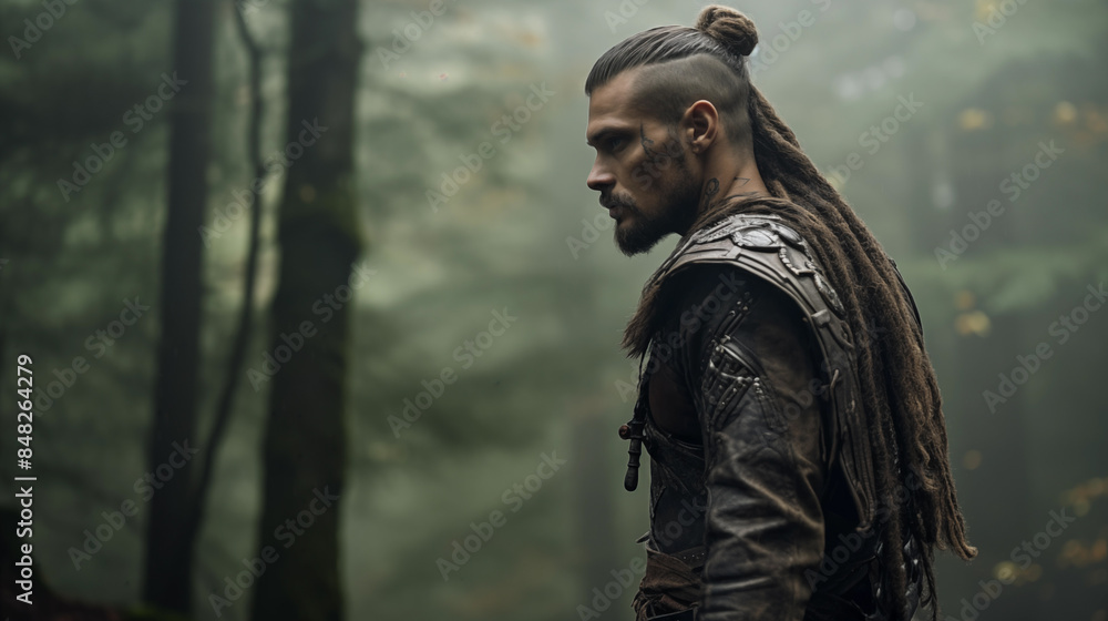 Modern Viking Hairstyle Amidst Dense Misty Forest Modern Viking Hairstyle Amidst Dense Misty Forest
