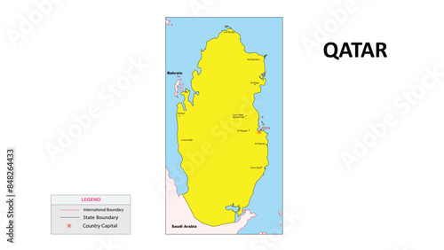 Qatar Map. Major city in Qatar. Political map of Qatar with border and neighbouring country.
