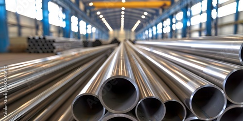 Stacked steel pipes in a warehouse. Concept Industrial Interior Design, Warehouse Storage Solutions, Metal Pipe Stacks, Efficient Space Utilization © Ян Заболотний