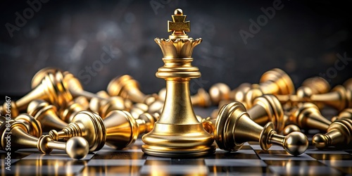 Intricate scene of a golden king amidst toppled pawns, highlighting the chaos and strategies in chess, golden, king, chess, game photo