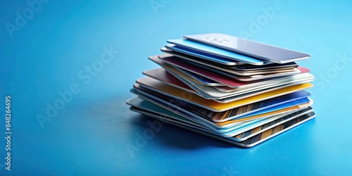 Precarious stack of credit cards symbolizing debt on a blue background, credit cards, debt, finance, financial management, stack
