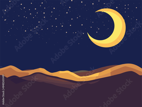 white background, A crescent moon and stars over a desert landscape., very simple and isolate in the style of animated illustrations, white background