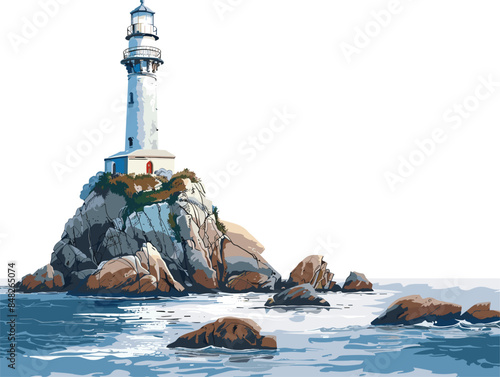 white background, A charming lighthouse on a rocky coastline., very simple and isolate in the style of animated illustrations, white background
