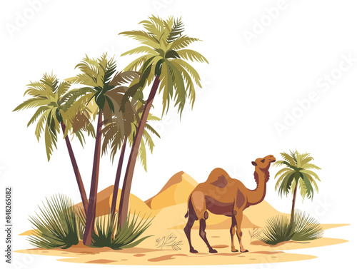 white background, A desert oasis with palm trees and a camel., very simple and isolate in the style of animated illustrations, white background,