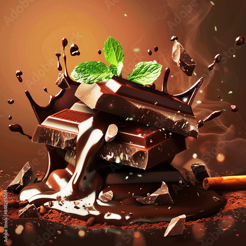 Dynamic and vibrant chocolate explosion with chunks of chocolate bars and mint leaves against a dark background, showcasing a delicious and festive scene for chocolate lovers.