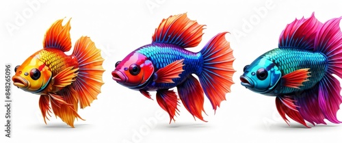 Vibrant image of three colorful Betta fish with intricate fins on a white background. Perfect for artistic projects, aquatic themes, and decorative purposes.