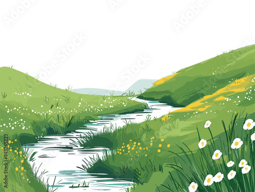 white background, A peaceful meadow with a babbling brook running through it., very simple and isolate in the style of animated illustrations, white background