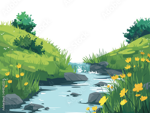white background, A peaceful meadow with a babbling brook running through it., very simple and isolate in the style of animated illustrations, white background