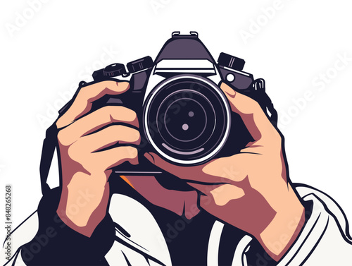 white background, A person taking a close-up photo of an object., very simple and isolate in the style of animated illustrations, white background